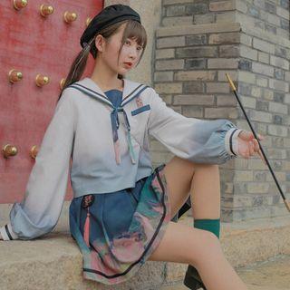 Long-sleeve Sailor-collar Top / Pleated Skirt