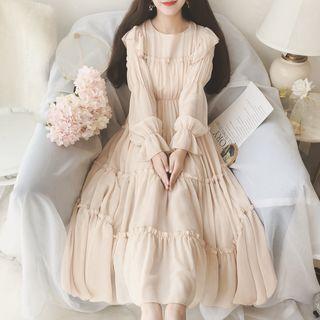 Ruffle Trim Plain Long-sleeve Chiffon Midi A-line Dress