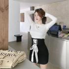 Plain Long-sleeve Top / High Waist Bow Skinny Skirt