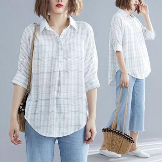 Elbow-sleeve Plaid Shirt Plaid - White - One Size