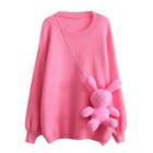 Puff Sleeve Plain Oversized Sweater With Rabbit Crossbody Bag