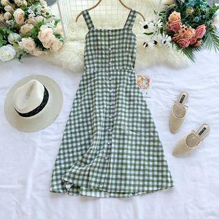 Sleeveless Buttoned Gingham A-line Midi Dress