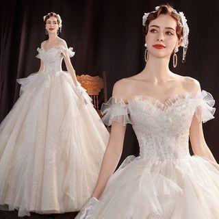 Ruffled Off-shoulder Mesh Evening Ball Gown