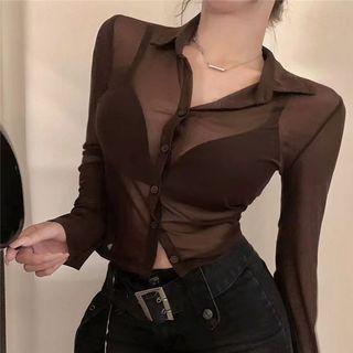 Long-sleeve Plain Sheer Cropped Shirt