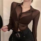 Long-sleeve Plain Sheer Cropped Shirt