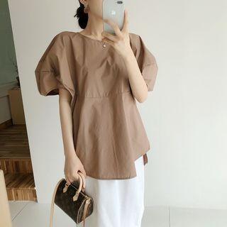 Puff-sleeve Plain Top Coffee - One Size