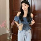 Short-sleeve Off-shoulder Denim Blouse Denim Blue - One Size