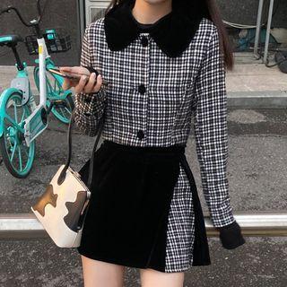 Long-sleeve Plaid A-line Dress / Tie-front A-line Skirt