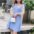 3/4-sleeve Polka Dot Chiffon Paneled Knit Dress