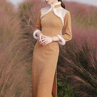 Long-sleeve Print Fluffy Trim Midi Sheath Qipao Dress