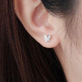 Butterfly Rhinestone Sterling Silver Earring Stud Earring - 1 Pair - Silver - One Size