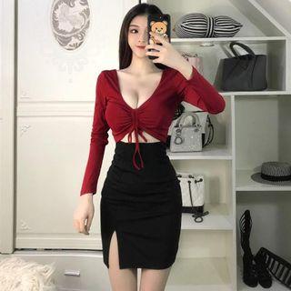Mock Two-piece Long-sleeve Cut Out Mini Bodycon Dress