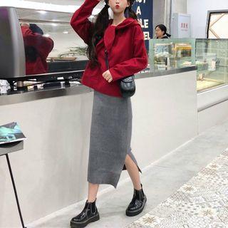 Tie-neck Hoodie/ Side-slit Knit Midi H-line Skirt