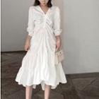 V-neck Drawstring Midi Dress White - One Size