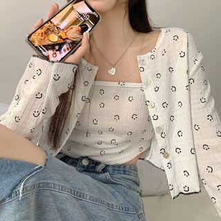 Smiley Face Print Cropped Camisole Top / Light Jacket