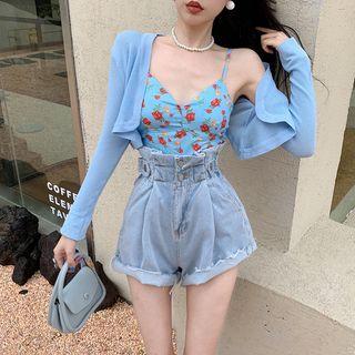 Plain Cardigan / Floral Camisole Top / High Waist Denim Shorts