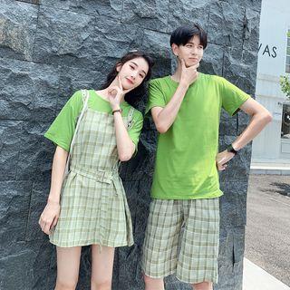 Couple Matching Short-sleeve T-shirt / Mock Two-piece Elbow-sleeve Plaid Paneled A-line Mini Dress / Shorts