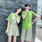 Couple Matching Short-sleeve T-shirt / Mock Two-piece Elbow-sleeve Plaid Paneled A-line Mini Dress / Shorts