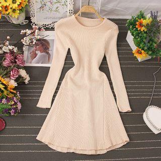 Plain Knit Long-sleeve A-line Dress