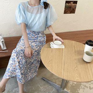 Puff-sleeve Top / Camisole Top / Floral Print Midi A-line Skirt / Set