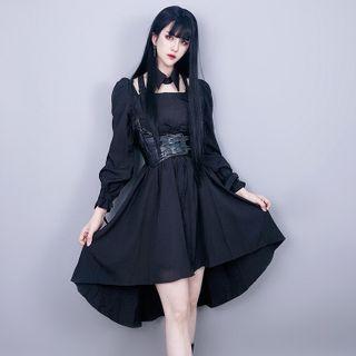 Long-sleeve Lace Up A-line Dress / Faux Leather Belt / Set