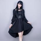 Long-sleeve Lace Up A-line Dress / Faux Leather Belt / Set