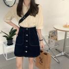 Elbow-sleeve Mini Shirtdress / Buttoned Mini A-line Denim Skirt