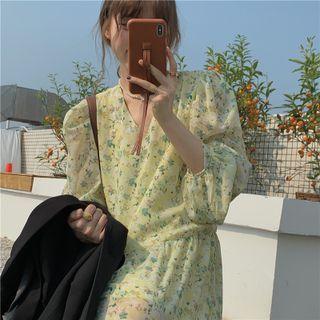 V-neck Floral A-line Dress Light Yellow - One Size
