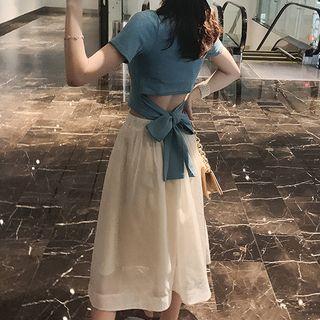 Set: Tie Back Short-sleeve T-shirt + High Waist A-line Skirt