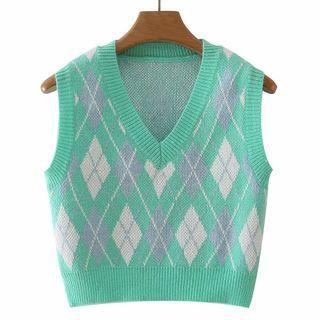 Argyle Knit Vest Aqua Green - One Size