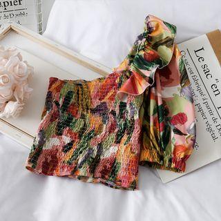 One-shoulder Ruffled-trim Smocked Top
