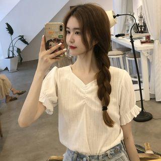 Short-sleeve Frill Trim V-neck T-shirt