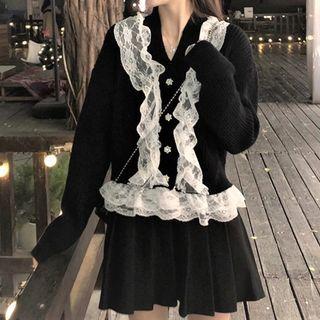 V-neck Lace Panel Knit Sweater / Pleated Skirt