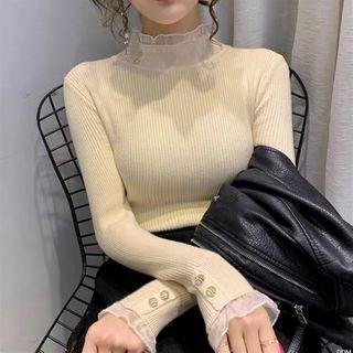 Mock-neck Mesh Trim Knit Top