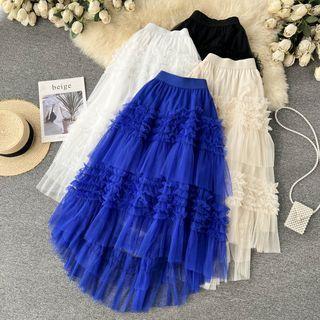 High-waist Ruched Asymmetrical Hem Mesh Skirt