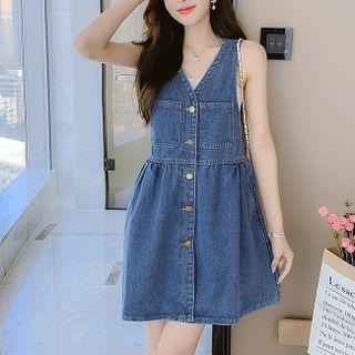 Sleeveless Button-up Denim Mini A-line Dress
