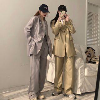 Plain Single-button Blazer / Wide-leg Pants