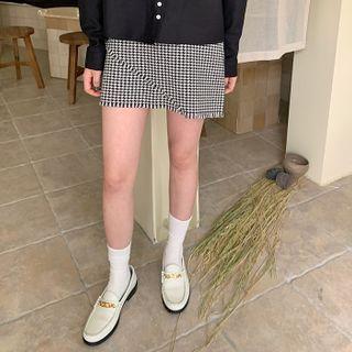 Fringed Houndstooth Wrap Miniskirt