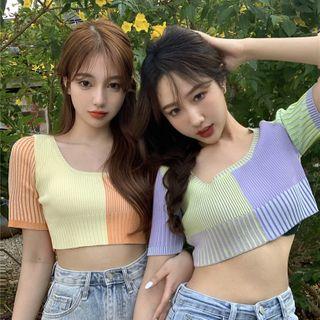 Cropped Two-tone Knit T-shirt