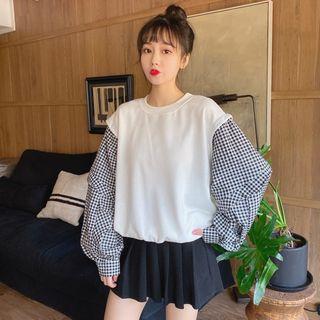Puff-sleeve Plaid Panel Sweatshirt