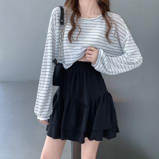 Long-sleeve Striped T-shirt / A-line Skirt