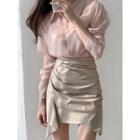 Plain Long-sleeve Blouse / Shirred Mini Straight-fit Skirt