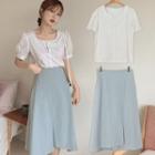 Floral Print Short-sleeve Blouse / Midi A-line Skirt / Set
