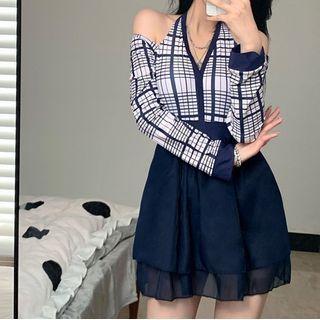 Long-sleeve Off-shoulder Plaid Panel Swim Dress