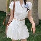 Puff-sleeve Tie-waist Crop Top / Mini A-line Skirt