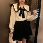 Wide Collar Bow Accent Blouse / Mini A-line Skirt