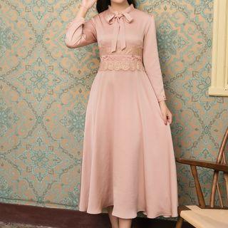 Long-sleeve Embroidered Lace Trim Midi A-line Dress