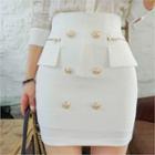 Flap-pocket Metallic-button Pencil Skirt