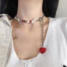 Heart Pendant Faux Pearl Stainless Steel Choker Red Heart - Silver - One Size