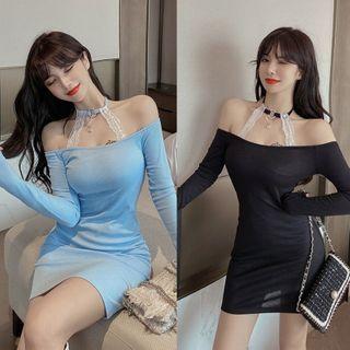Choker-neck Lace Panel Mini Bodycon Dress